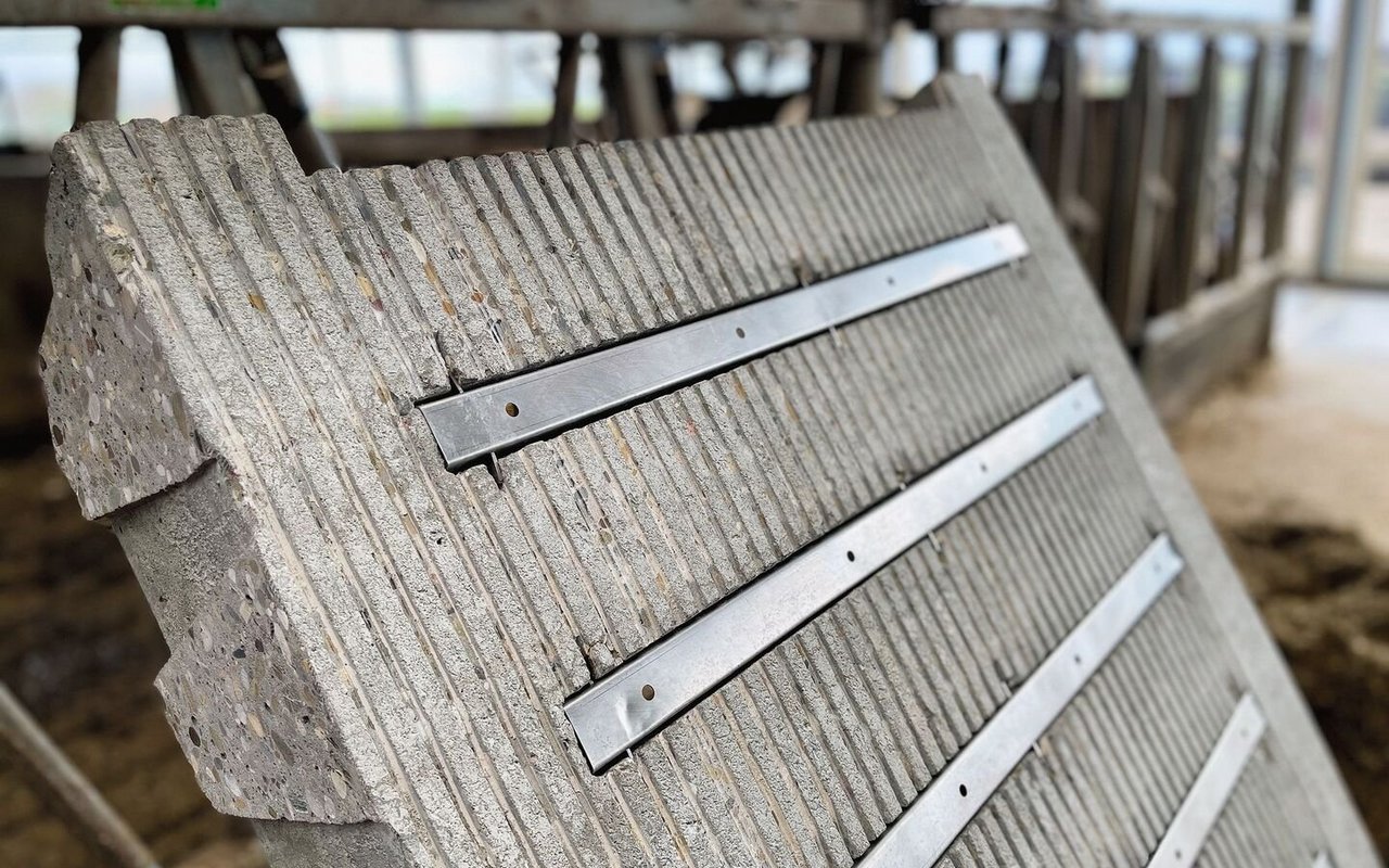 Bodenplatte mit Separationsstreifen, durch deren Löcher in die Urin-Grube fliesst.