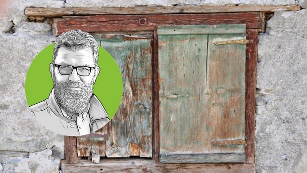 Symbolbild einer Stalltüre und Porträt von Jürg Vollmer.