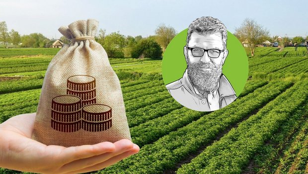 Symbolbild mit einem «Sack voller Geld» vor einem Acker.