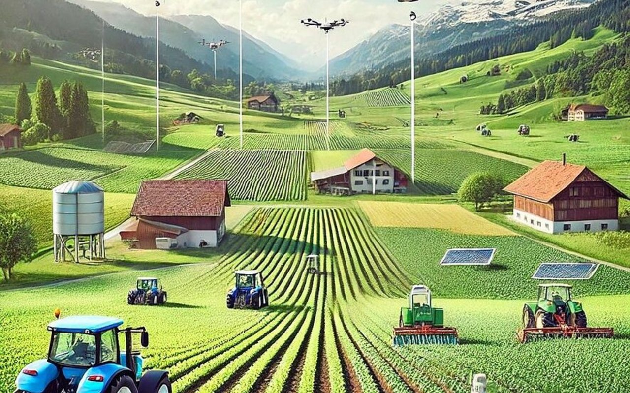 Je genauer die Befehle, desto besser das Ergebnis. Dieses KI-Bild entstand mit dem kurzen Befehl «Typische KI-Anwendungen in der Schweizer Landwirtschaft».
