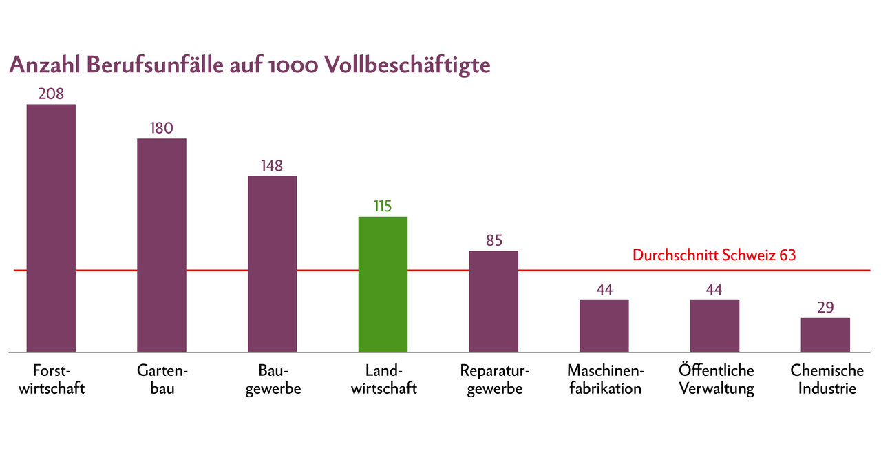 Gemäss UVG-Statistik 2023 der Suva kommen auf 1000 vollbeschäftigte Angestellte in der Landwirtschaft 115 Berufsunfälle. Nicht erfasst sind die Anzahl Berufsunfälle von Betrieben ohne familienfremde Arbeitskräfte (reine Familienbetriebe). Das BUL vermutet eine grosse Grauzone. In der Schweiz liegt der Durchschnitt bei 63 Berufsunfällen pro 1000 Vollbeschäftigte. Die Landwirtschaft ist somit auf Platz vier der gefährlichsten Berufe. Forstwirtschaft, Gartenbau und Baugewerbe besetzen die ersten drei Plätze. www.unfallstatistik.ch 