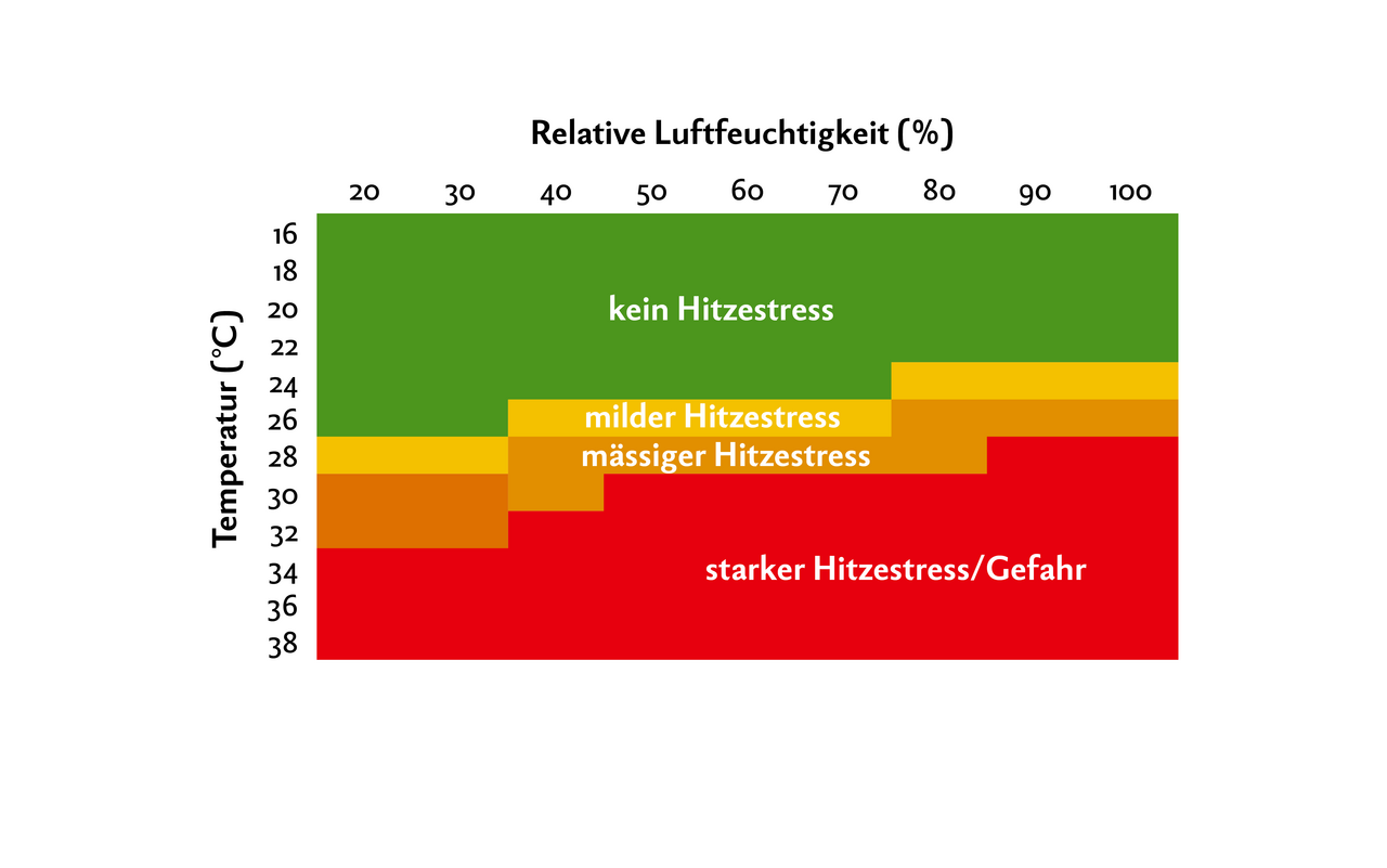Hitzestress-Index für Mastschweine in Abhängigkeit von Temperatur und Luftfeuchtigkeit.
