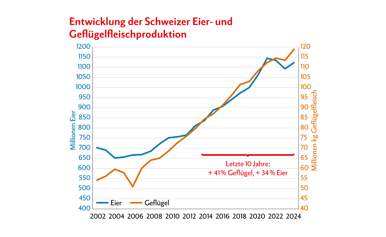 Die inländische Eier- und Geflügelfleischproduktion konnte in den letzten 10 Jahren deutlich gesteigert werden. Quelle: BLW, Agristat, Aviforum / Infografik: Doris Rubin