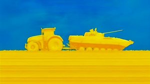 Zeichnung eines Traktors, der einen russischen Panzer abschleppt.