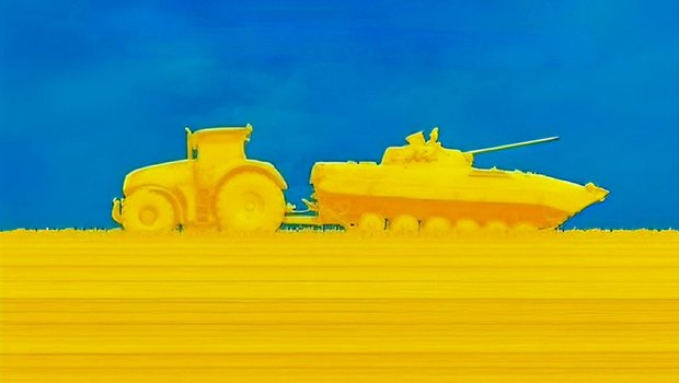 Zeichnung eines Traktors, der einen russischen Panzer abschleppt.